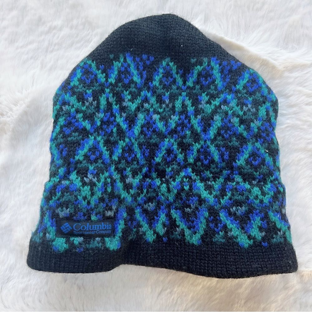 Vintage 80s Columbia Sportswear Beanie Hat Knit Fair Isle 100% Wool MadeInCanada